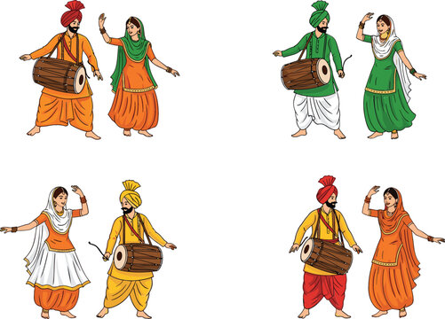 Punjabi Bhangra and Giddha dance illustration set featuring traditional Indian folk dancers in colorful attire with dhol and energetic cultural performance poses