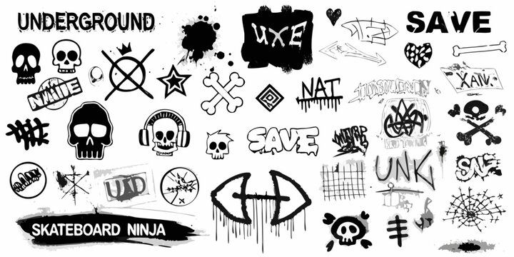 A chaotic collection of black and white graffiti style drawings and lettering