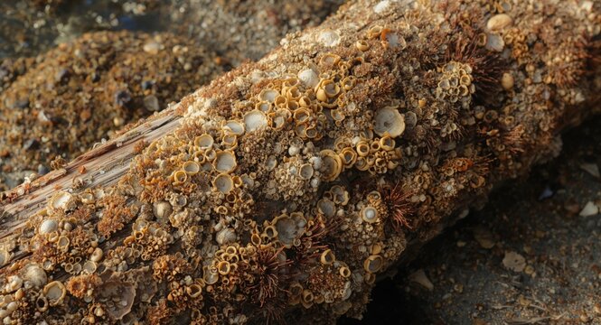 Wood log fully covered by barnacles and sea flora