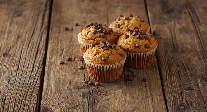 Warm banana chocolate chip muffins displayed on rough textured rustic table