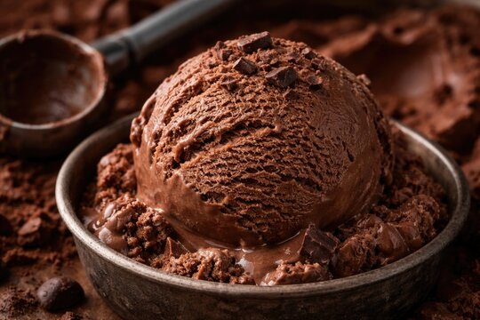 Homemade Chocolate Ice Cream Scoop with Chocolate Shavings in Metal Bowl