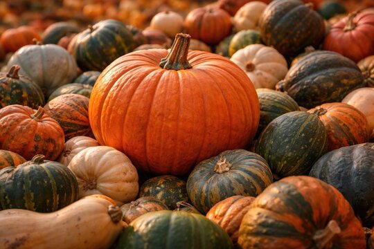 A vibrant orange calabaza pumpkin resting on a large pile of assorted winter squashes