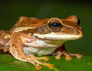 Obraz premium A close-up photo of a brown frog sitting on a green leaf