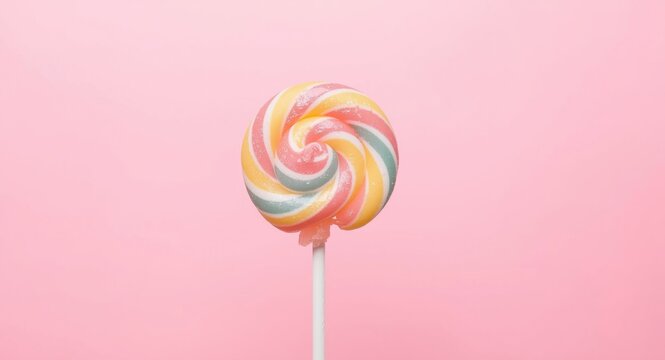 Sweet lollipop candy on a stick with a smooth and clean pale pink backdrop