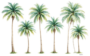 Obraz premium Six palm trees with green leaves on white background tropical plants