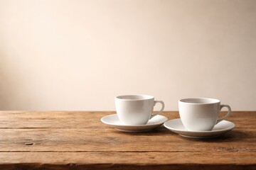 Fototapeta premium Two white ceramic coffee cups on rustic wooden table with empty beige background and copy space