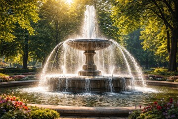 Naklejka premium A vibrant water fountain shining in sunlight with lively cascading streams in a peaceful park