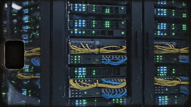 Vintage Style Data Center Interior with Rows of Server Racks and Network Cables
