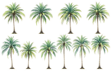 Fototapeta premium Ten palm trees with green leaves on white background tropical plants palm tree silhouettes