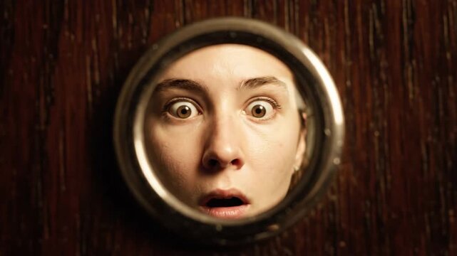 Surprised Young Woman Looking Through a Round Door Peephole