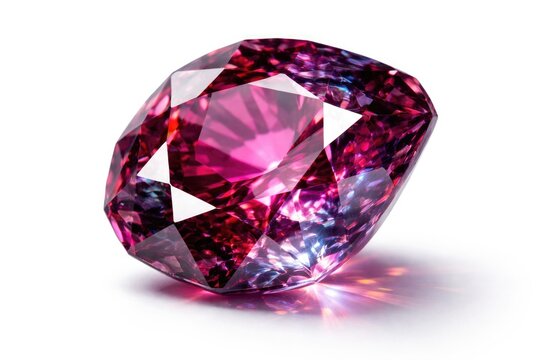 Detailed macro view of corundum gemstone on a plain white backdrop