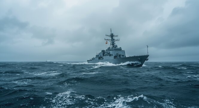 Marine ship navigating stormy ocean conditions