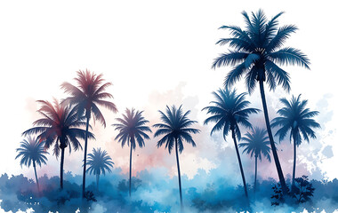 Obraz premium Tropical palm trees in blue and pink hues on white background watercolor