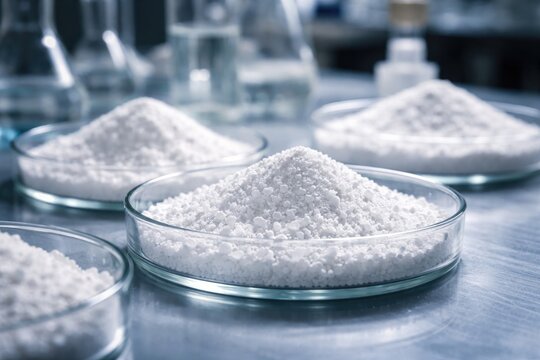 Flame retardant antimony trioxide granules displayed in glass dishes for polymer manufacturing