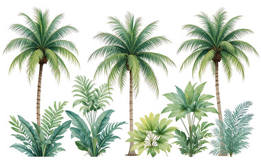 Obraz premium Tropical plants and palm trees on white background green leaves foliage