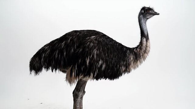 A majestic emu, a large flightless bird, stands gracefully in a bright studio, shaking its dark, shaggy feathers with dynamic movement against a pure white background.