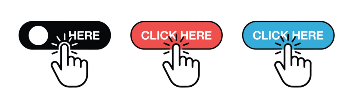 Interactive, vector icon of click here button symbolizing call to action, online engagement, UI elements, and clickable interface for web and app design projects.