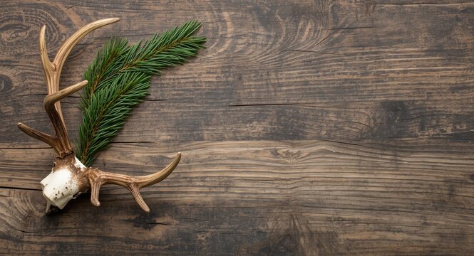 Top view of pine branch with antler on wooden texture and copy space