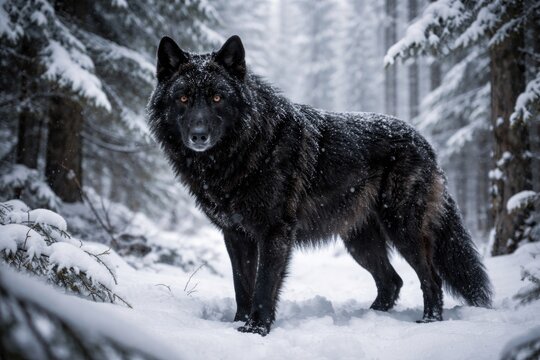 Majestic black wolf in a snowy woodland scene during winter