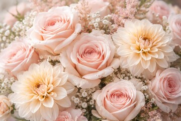 Fototapeta premium Pastel Roses and Dahlias Floral Arrangement Close-Up with Delicate Details