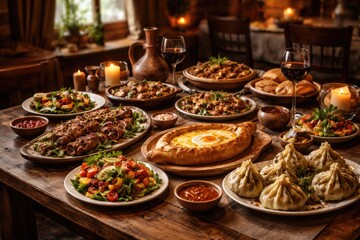 Obraz premium Traditional Georgian cuisine served in a cozy dining room with soft blurred backdrop