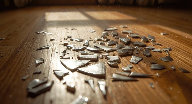 Zoomed view of fractured dinner plate splinters spread across floor