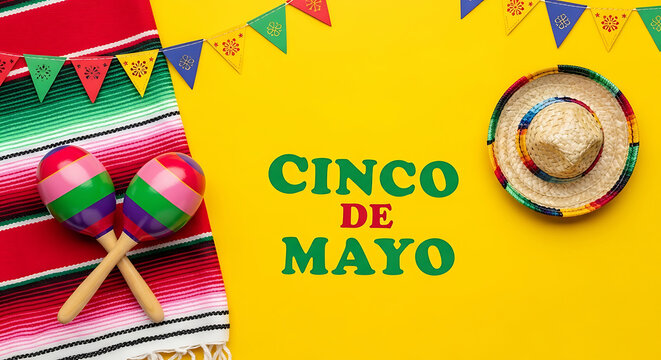 Cinco de Mayo celebration with maracas and sombrero on yellow background