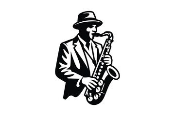 Naklejka premium Black and white silhouette of a man in a suit and hat playing a saxophone musician