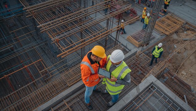 Construction workers in high-visibility vests review blueprints on a tablet at a building site, discussing progress