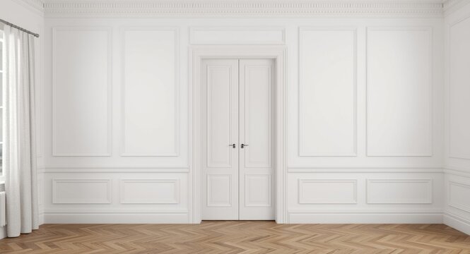 White classic room interior with blank wall moldings, wood floor and curtains concealing a door