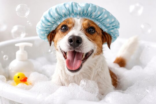 Playful Jack Russell Terrier pet enjoys a bubbly bath with foam and shower cap on a clean white backdrop