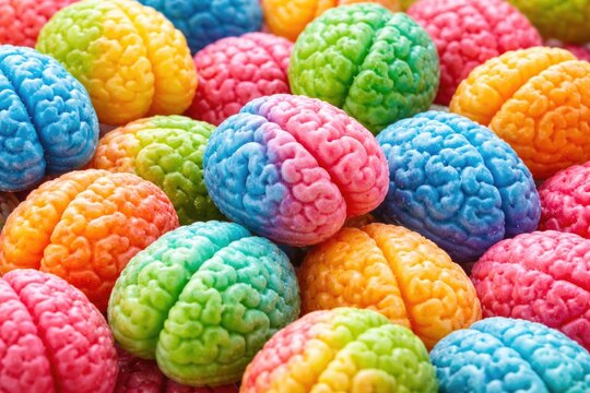 Colorful candy shaped like realistic brain models