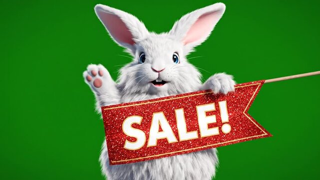 White rabbit holding sale sign against green background advertising