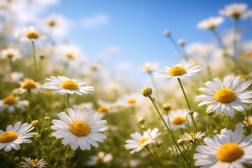 Fototapeta premium Soft focus springtime scene with blooming chamomile flowers under a clear blue sky