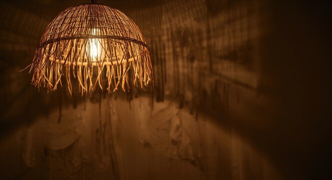 Warm natural raffia paper chandelier casting gentle light with copy space available