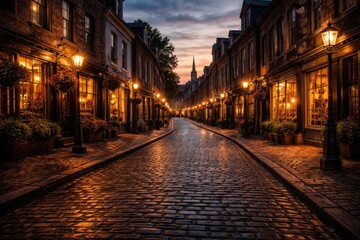 Fototapeta premium Evening Light Bathes the Historic Cobblestone Street