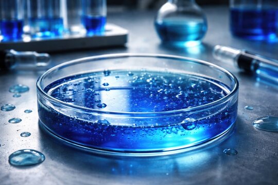 Blue cobalt chloride solution in glass Petri dish illustrating a chemistry concept