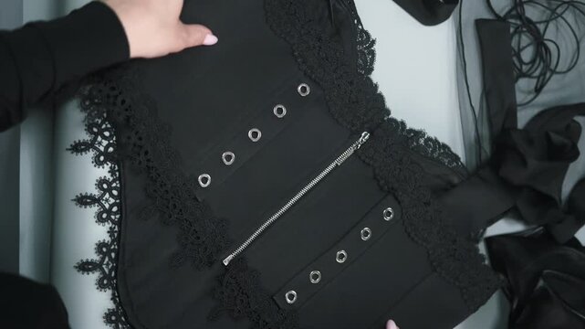 Female clothing making. Zipping corset. Tailor hand checking quality of sewing black lace lingerie garment with metal eyelets silk straps.