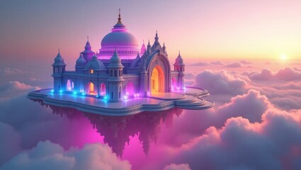 Obraz premium Ethereal palace floating amidst pastel clouds at sunset pink