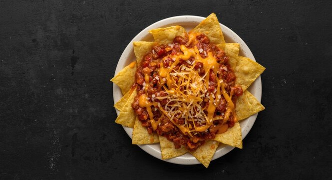 Top shot of nachos smothered in chili con carne and melted cheese sauce on black background with copy space