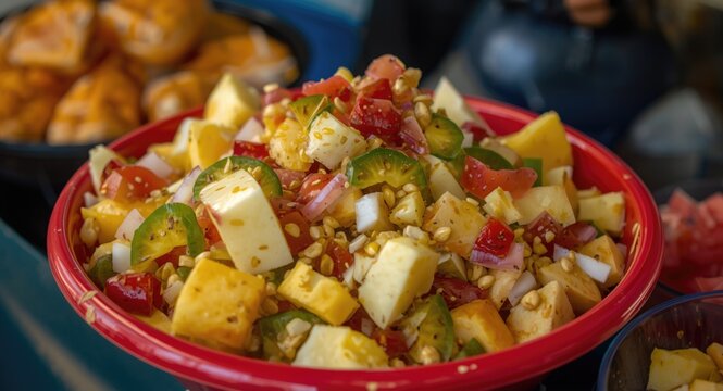 Tropical fruit salad with a variety of slices presented in a red serving bowl at a vendor stall showcasing rujak buah