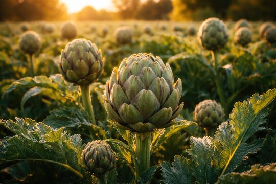 Ripe artichoke plants glowing in golden hour light on a lush green field