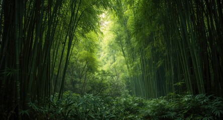 Obraz premium Softly lit bamboo grove backdrop with rich green foliage creating a tranquil environment for nature visuals