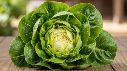Fototapeta premium Fresh butter lettuce head with water droplets on wooden table, close-up studio shot