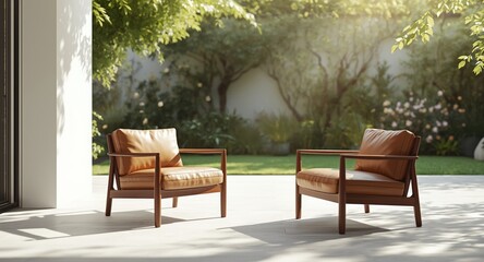Obraz premium Two stylish leather chairs featuring rich hardwood construction set on white outdoor comfort deck