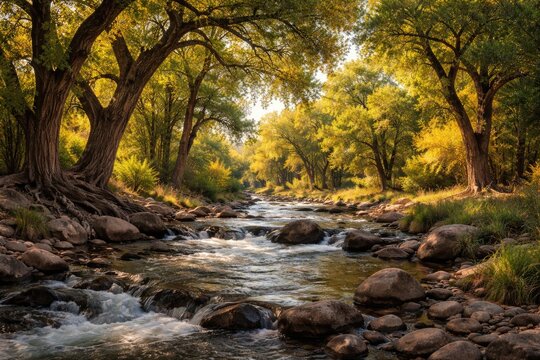 Scenic landscape featuring cottonwood trees with flowing stream