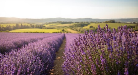 Obraz premium Wide view of fragrant lavender bushes flourishing in open air