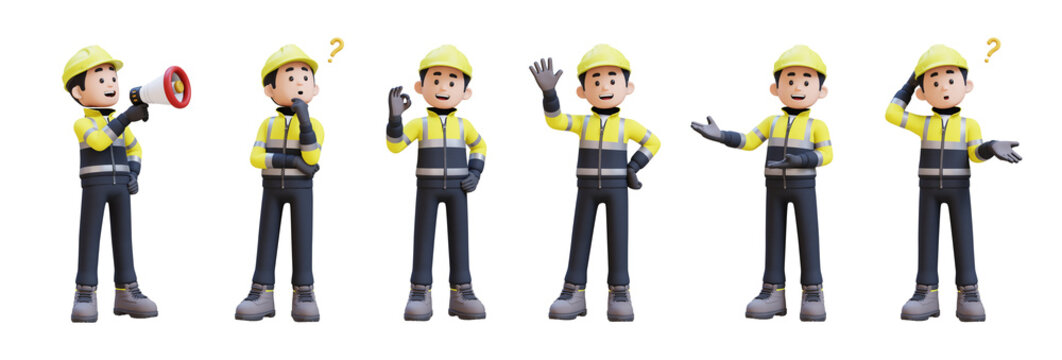Cartoon construction worker character set with multiple poses and expressions. wearing yellow hard
