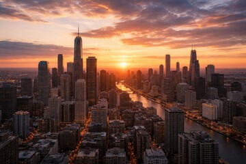 Fototapeta premium Urban Skyline at Sunset Over River with Vibrant Clouds