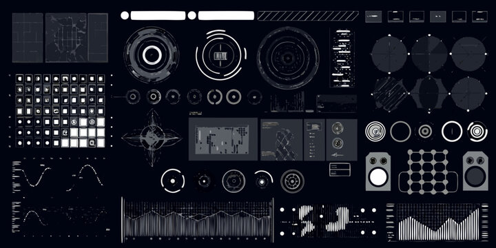 Complex futuristic user interface with various digital elements and data displays